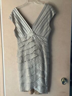 Cache Champagne Shimmer Mid Length Ruffled Coctail Dress, Size 8